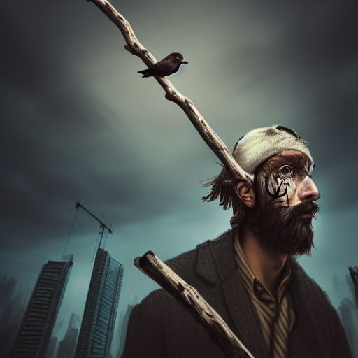 Man with Bird in Dystopian City, Surrealist Portrait