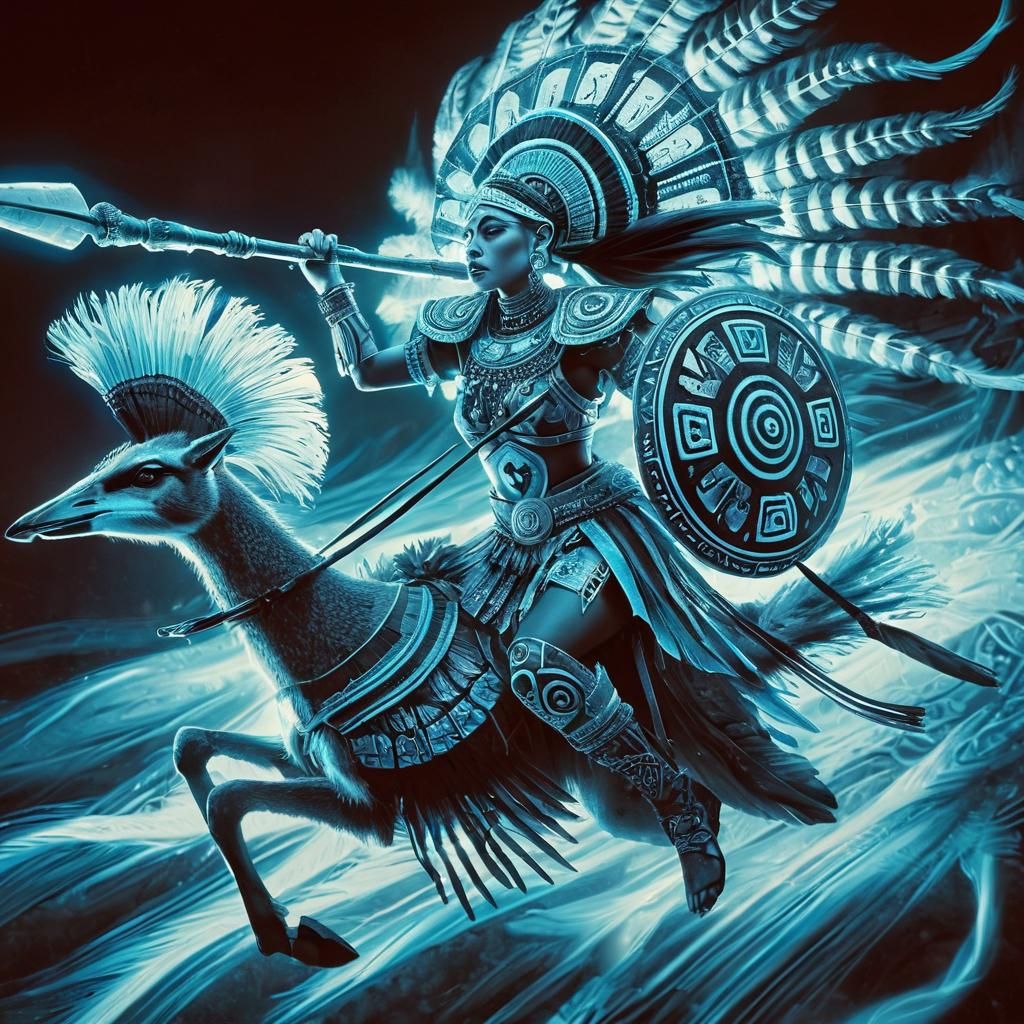 Glowing Dark Warrior in Aztec Armor on a Caracara Steed in V...