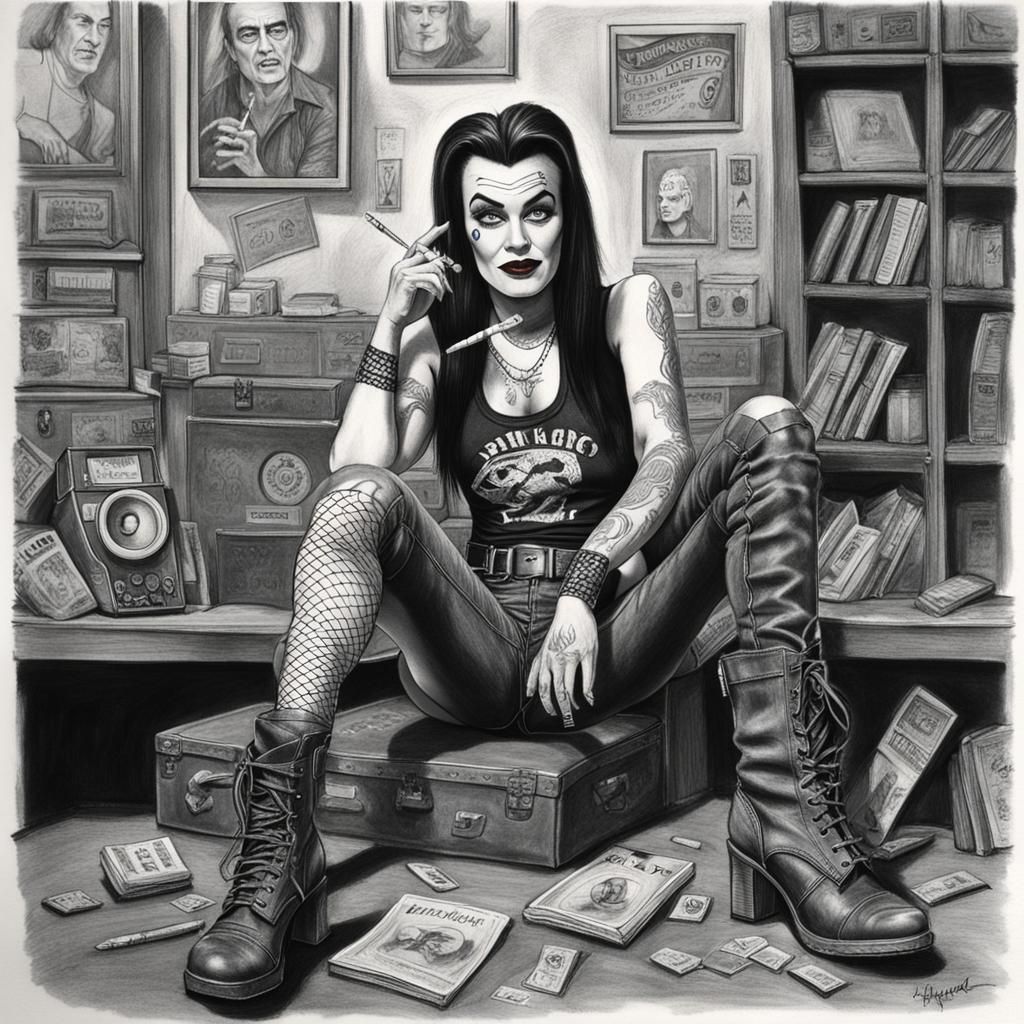 Lily Munster's Punk Rock Transformation: A Charcoal Drawing