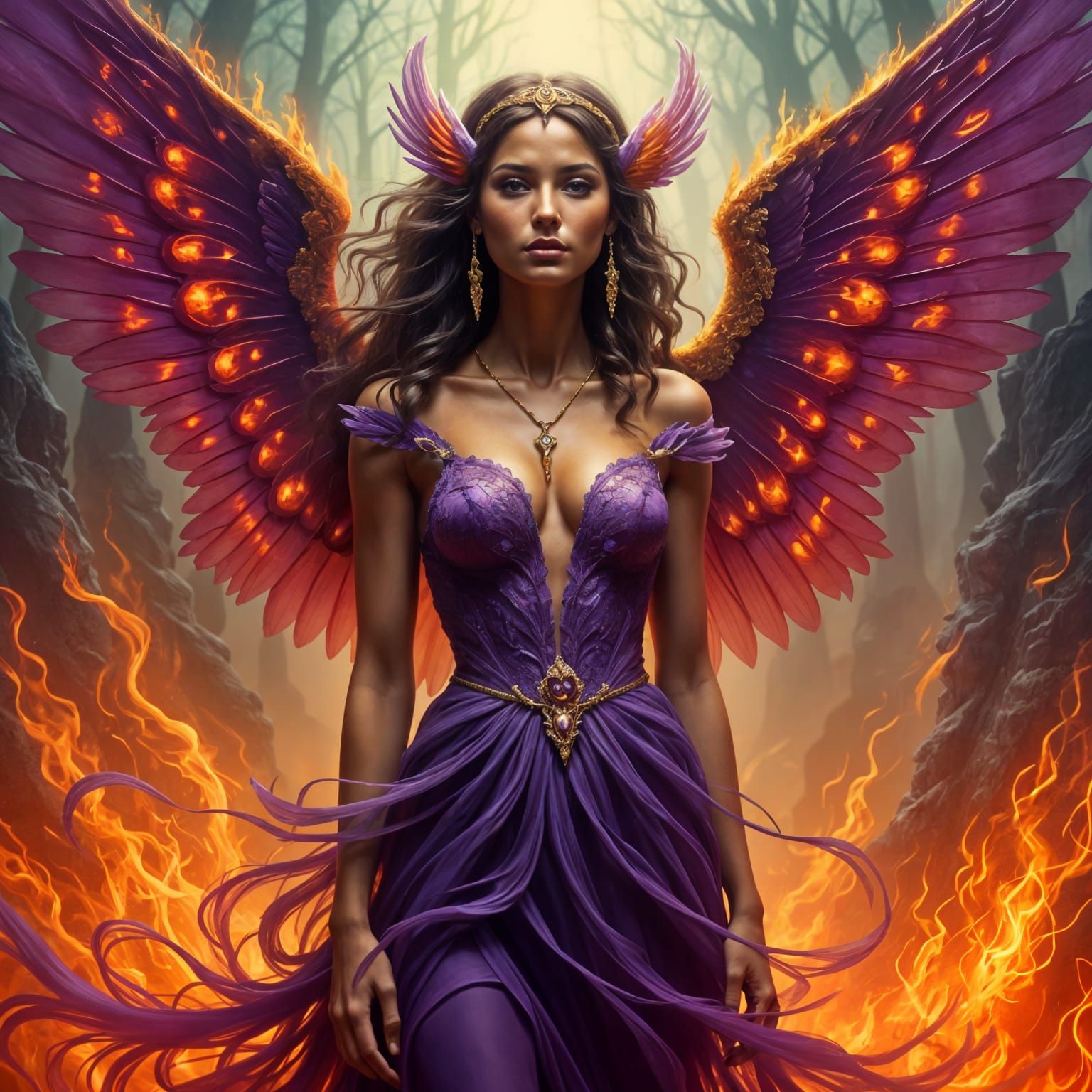 Winged Woman Amidst Flames: Apocalyptic Inferno