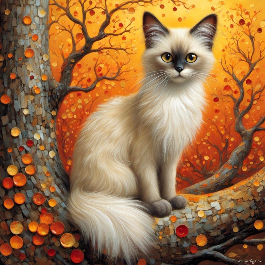 Balinese Cat in Treehouse Art, Detailed Illustration