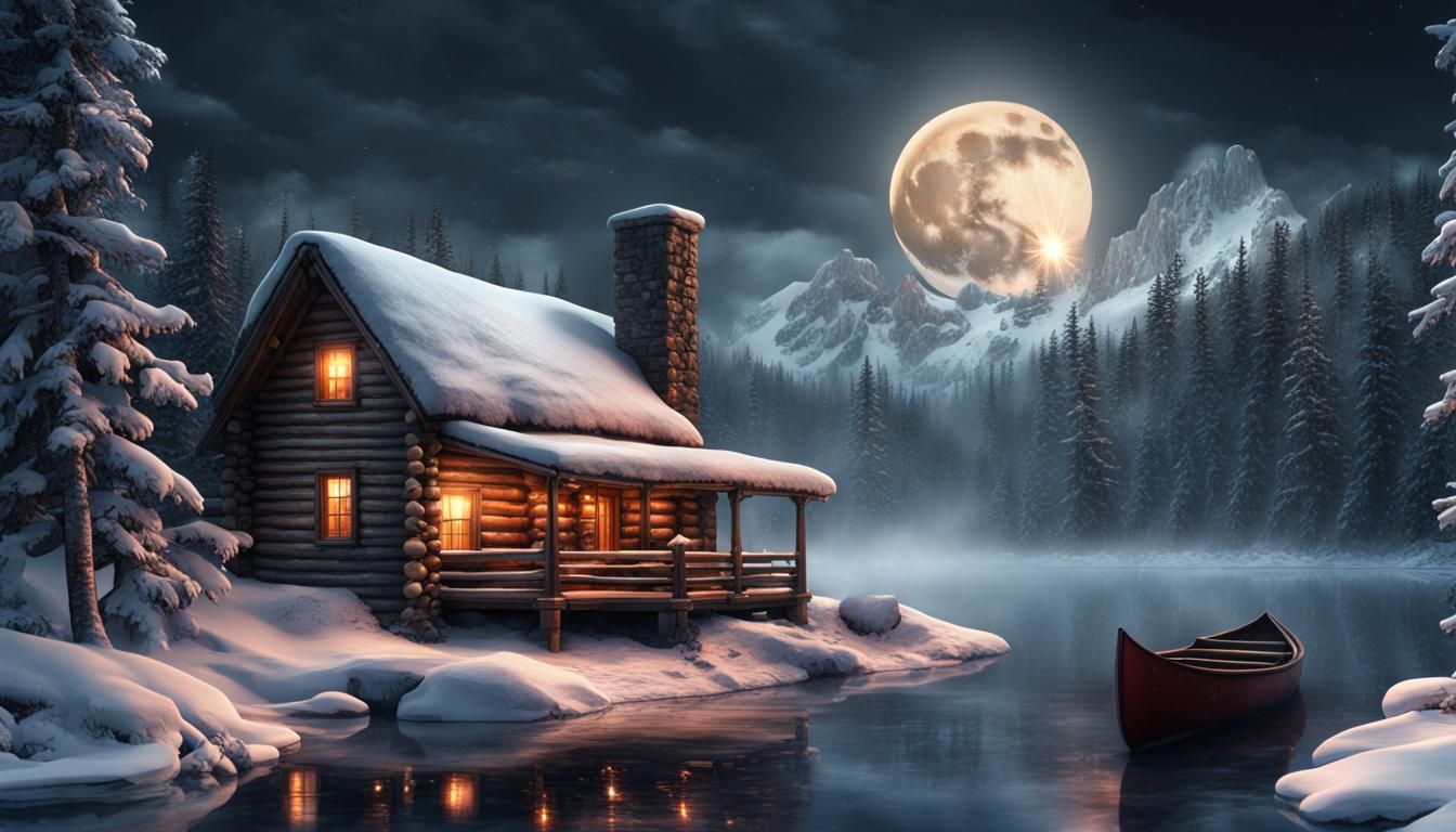 Winter Snowstorm at Log Cabin by Lake