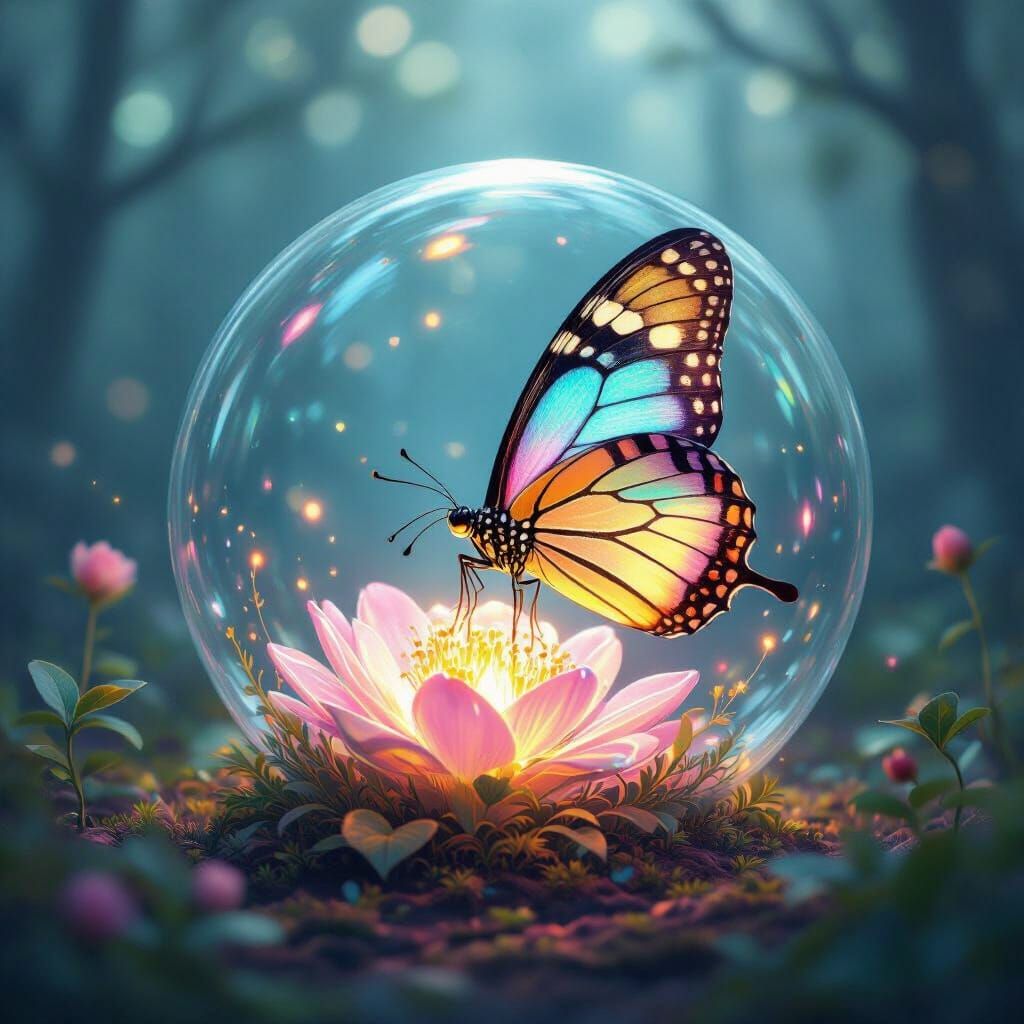 Bioluminescent Butterfly Sips Nectar in Dreamlike Orb