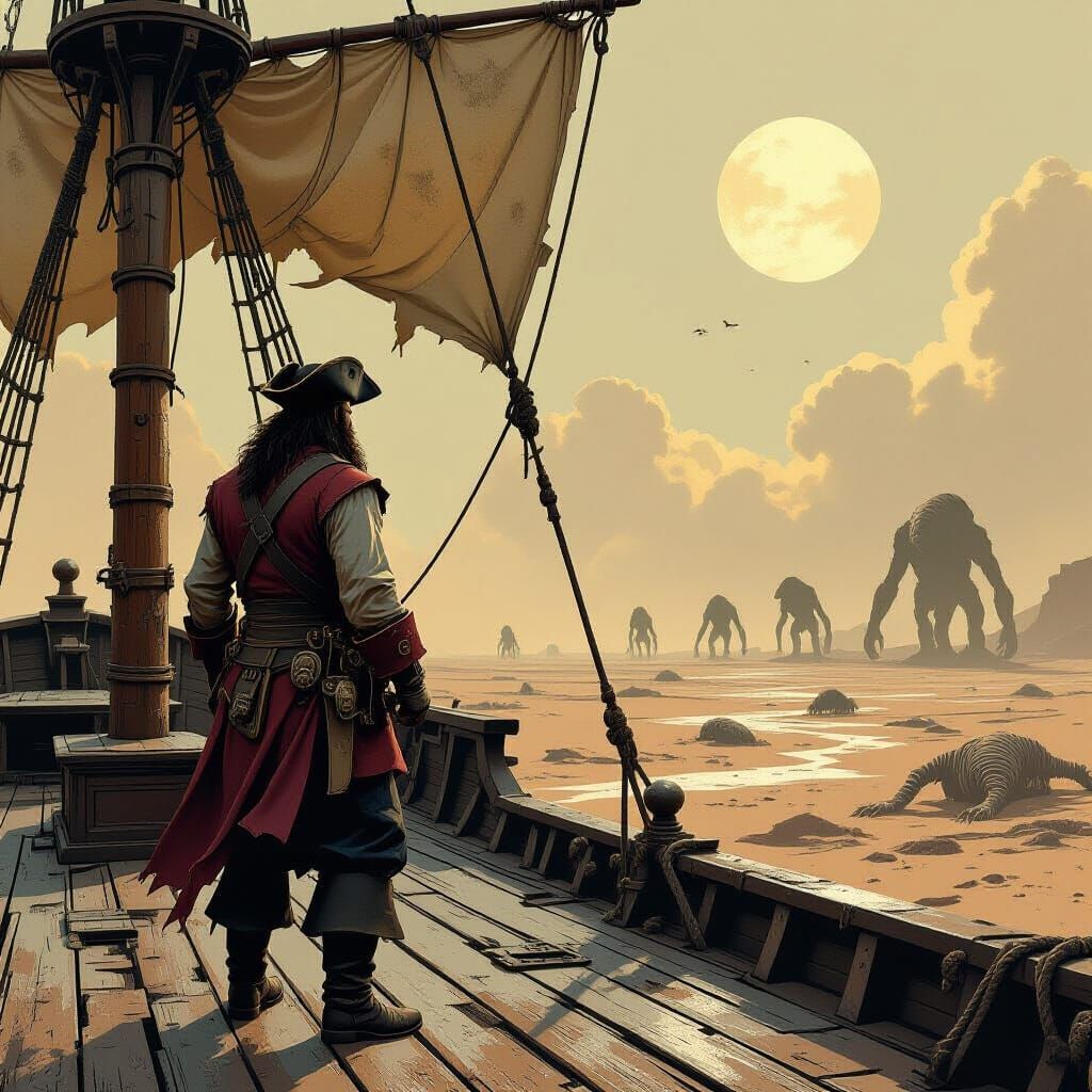 Pirate Captain Surveys Desolate Wasteland Under Twin Suns