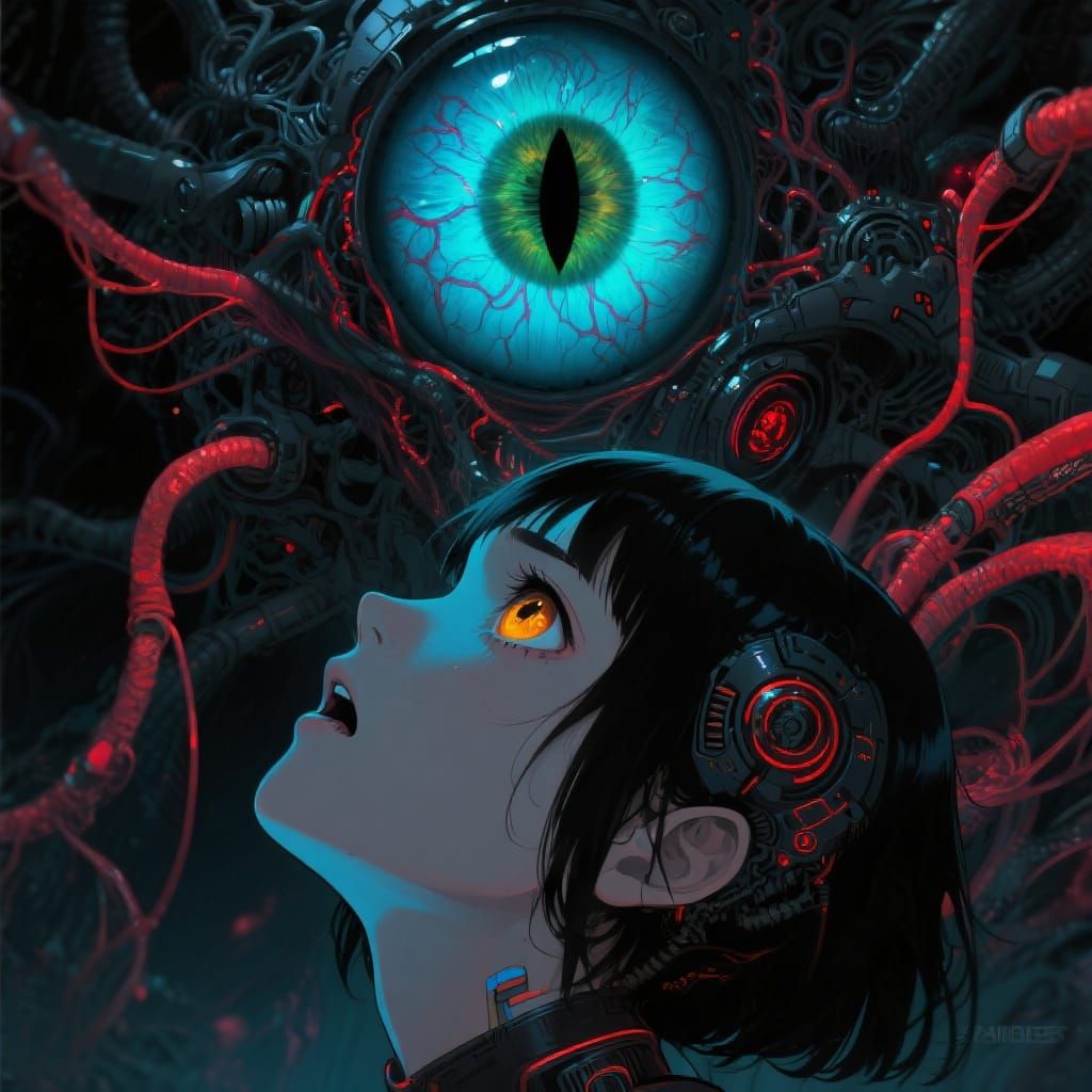 Androgynous Face Gazes at Monstrous Eye in Biomechanical Sty...