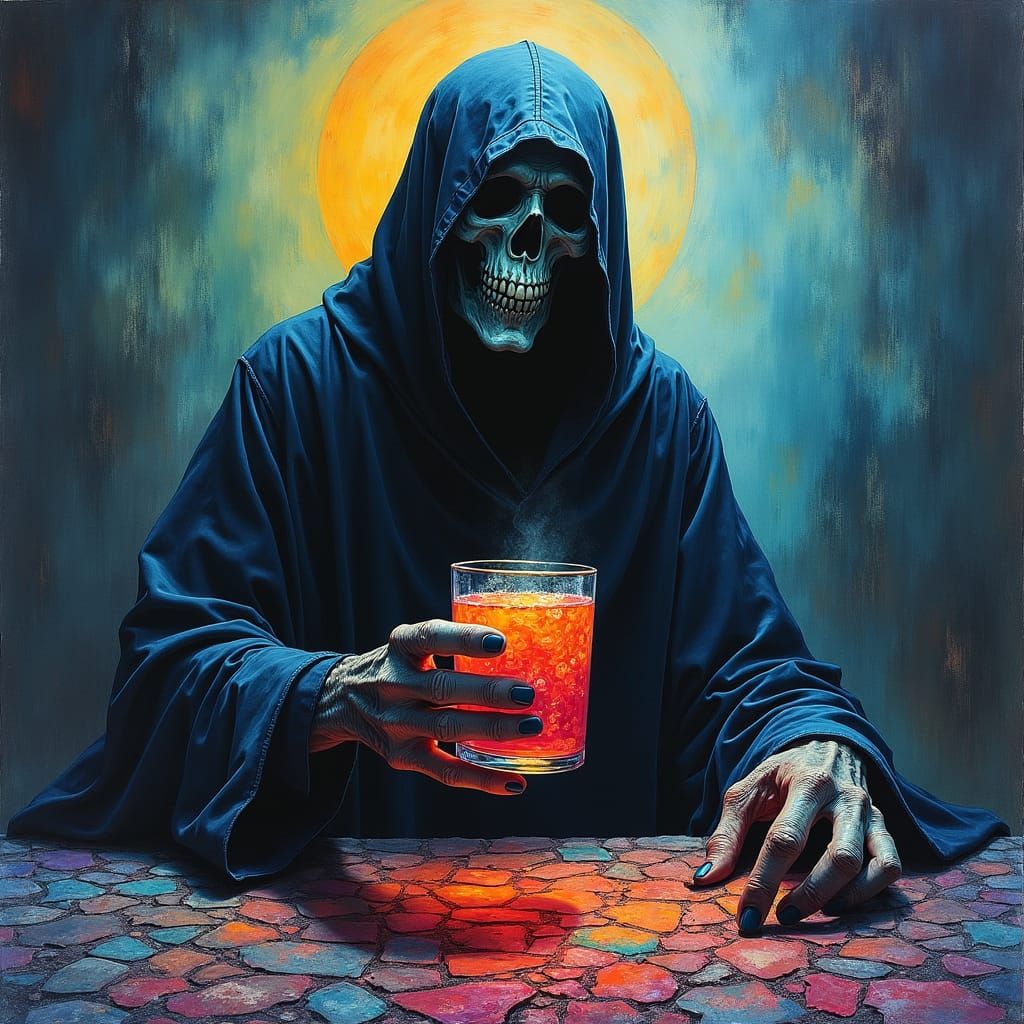 Grim Reaper with Iridescent Liquid, Surreal Folk Art