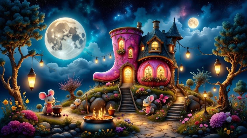 Whimsical Pink Boot House Under Full Moon