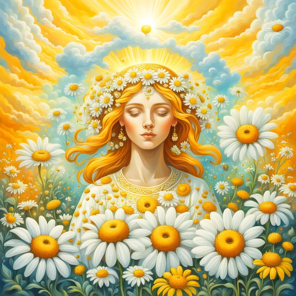 Chamomile Goddess in Surreal Khokhloma Style