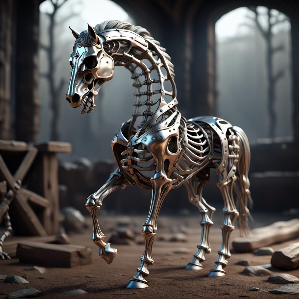 Metallic Skeleton Horse: 3D Fantasy Concept Art