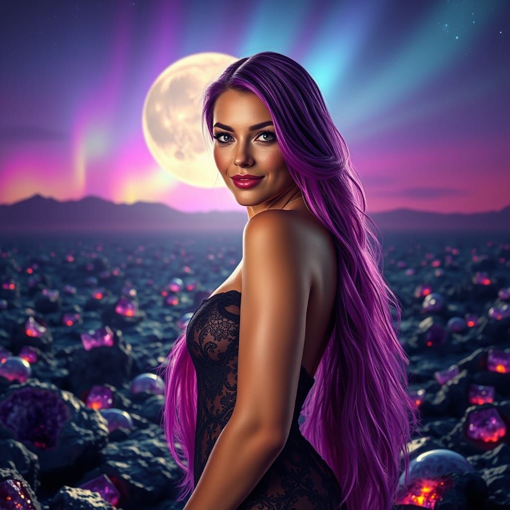 Purple Moonrise Goddess on Lava Plain in Ultra-Photorealisti...