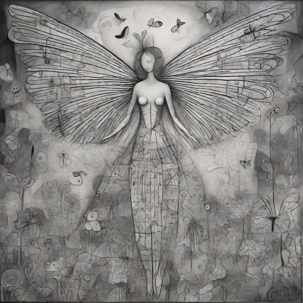 Butterfly Angel in Surreal Dreamscape, Grayscale Art
