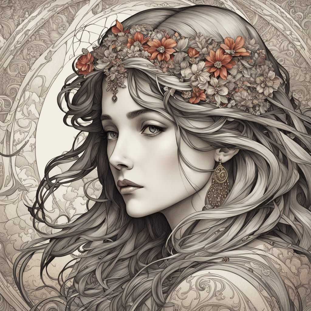 Elegant Woman in Whispers of Gold and Crimson