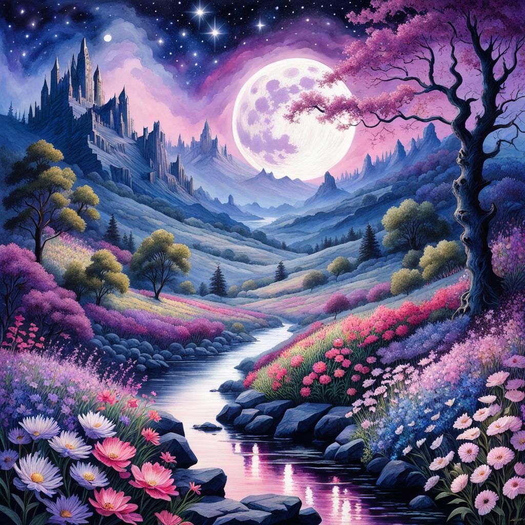 Watercolor Field with Purple Moon and Glistening Stars