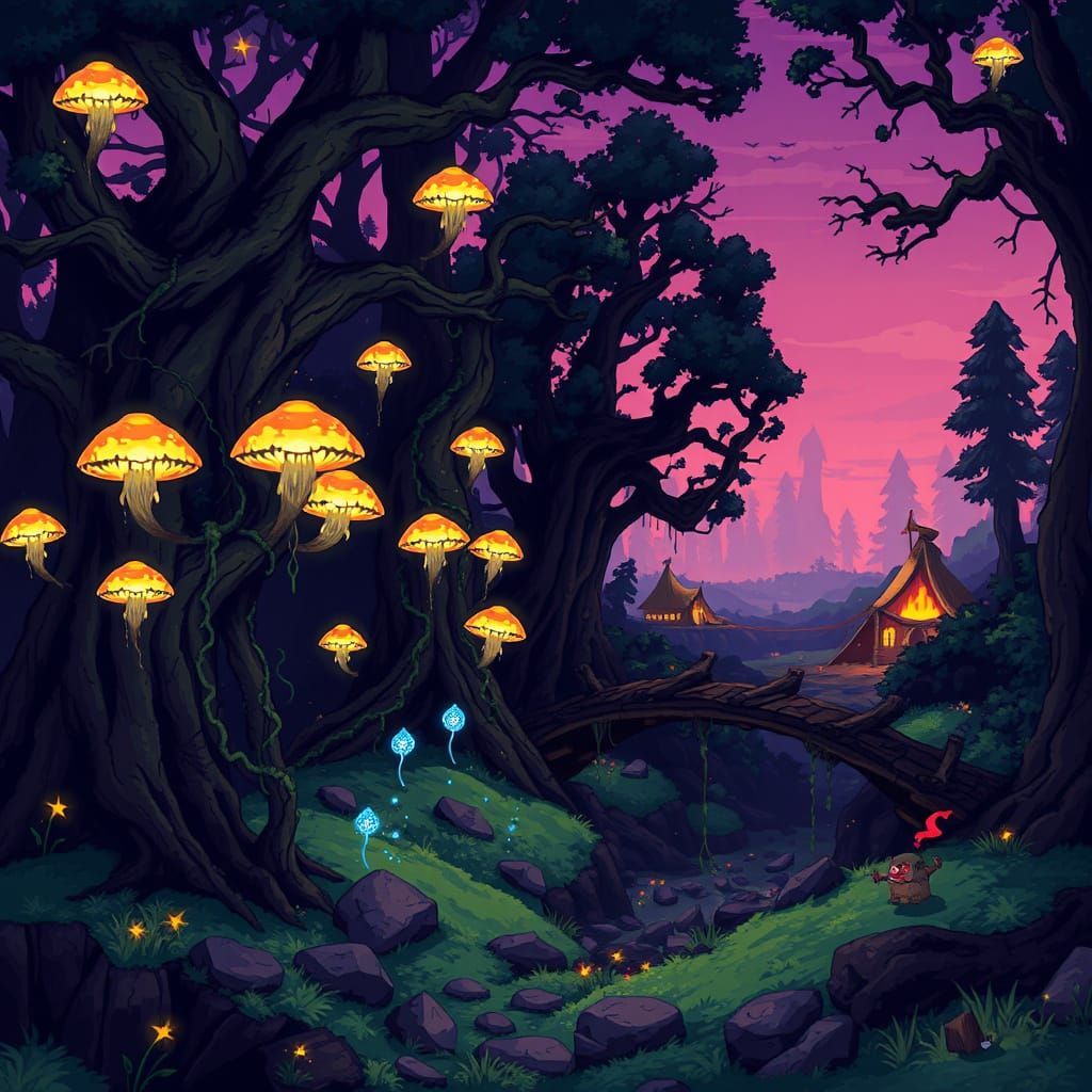 Whimsical Fantasy Forest in Vibrant Pixel Art