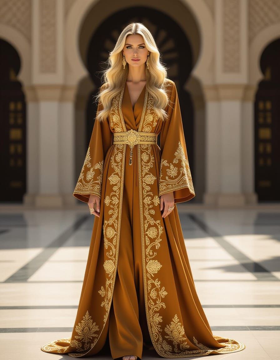 Regal Blonde in Luxurious Abaya, Cinematic Photo