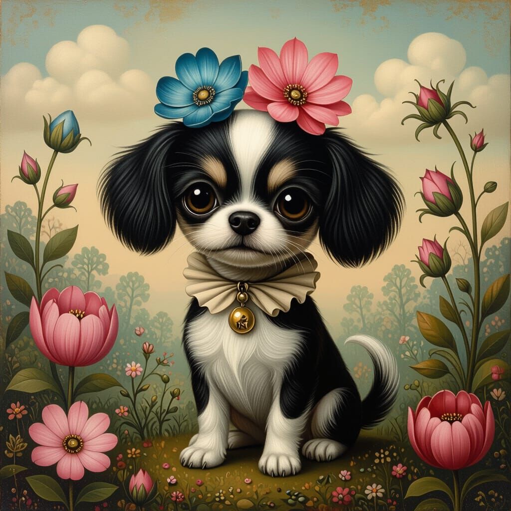 Surreal Dog in Fantastical Flora, Oil Painting