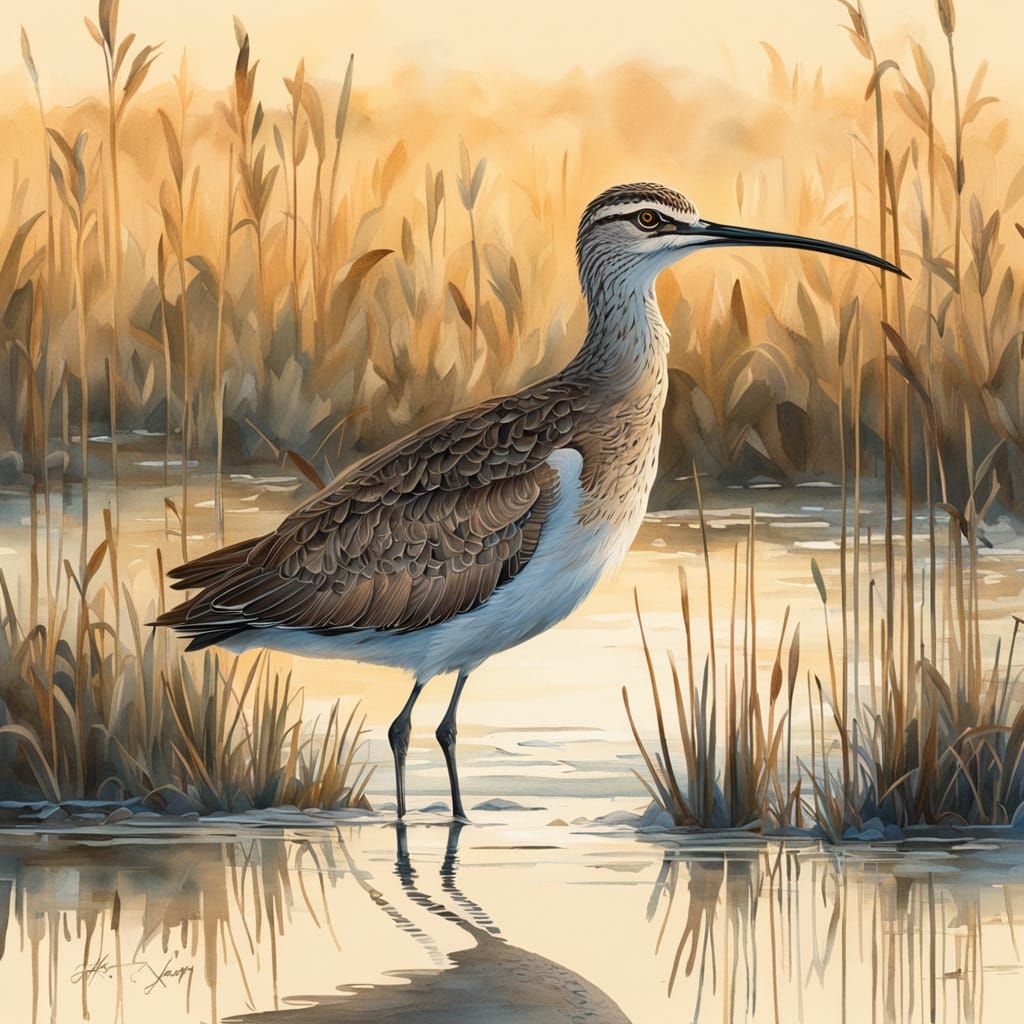 Whimbrel in Serene Salt Marsh Landscape