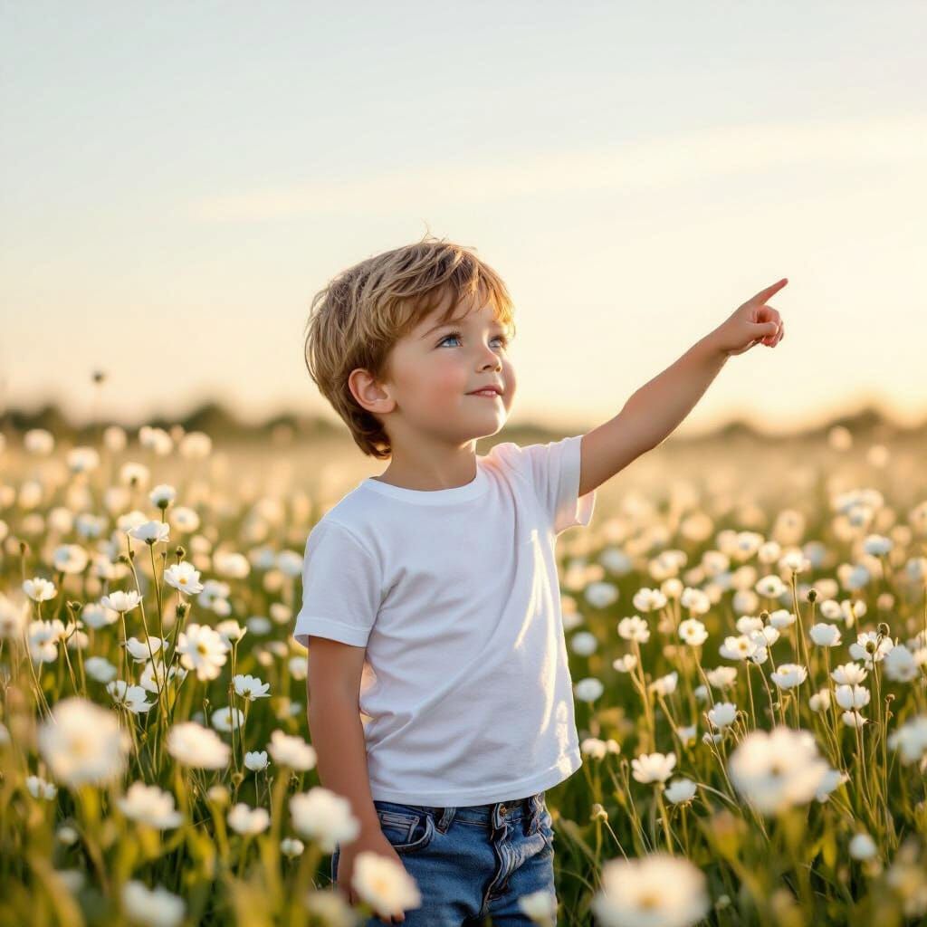 Boy Points to Sky in Impressionist Flower Field