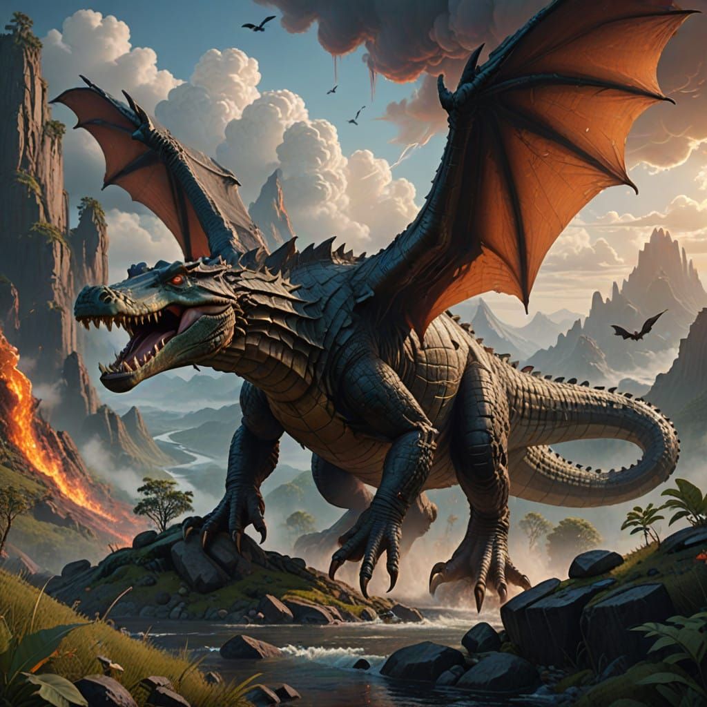 Majestic Winged Crocodile Spews Fire Across Mountains