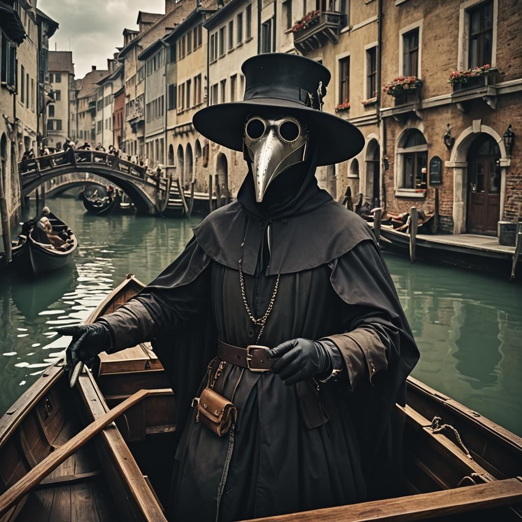 Plague Doctor Commutes by Gondola: Cinematic Scene