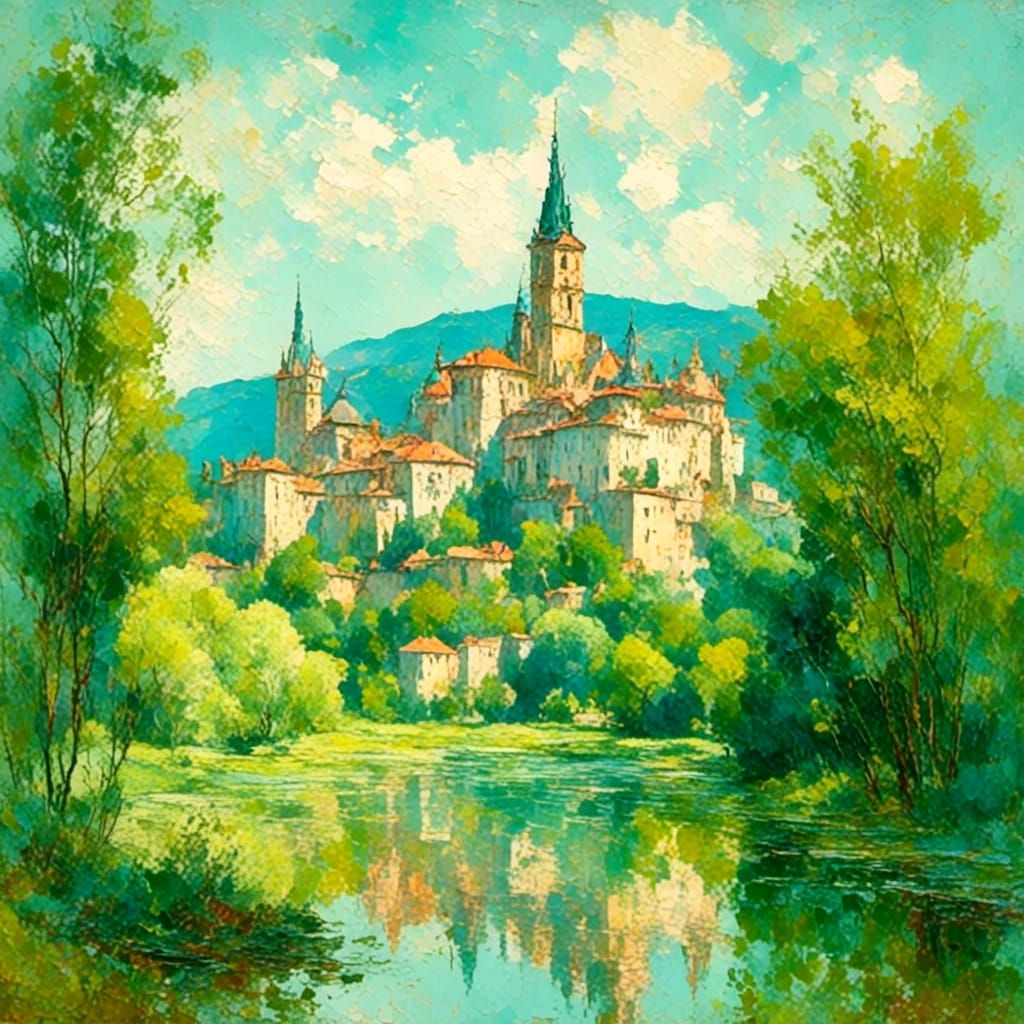 Renaissance Château Reflected in Moat: Watercolor Painting
