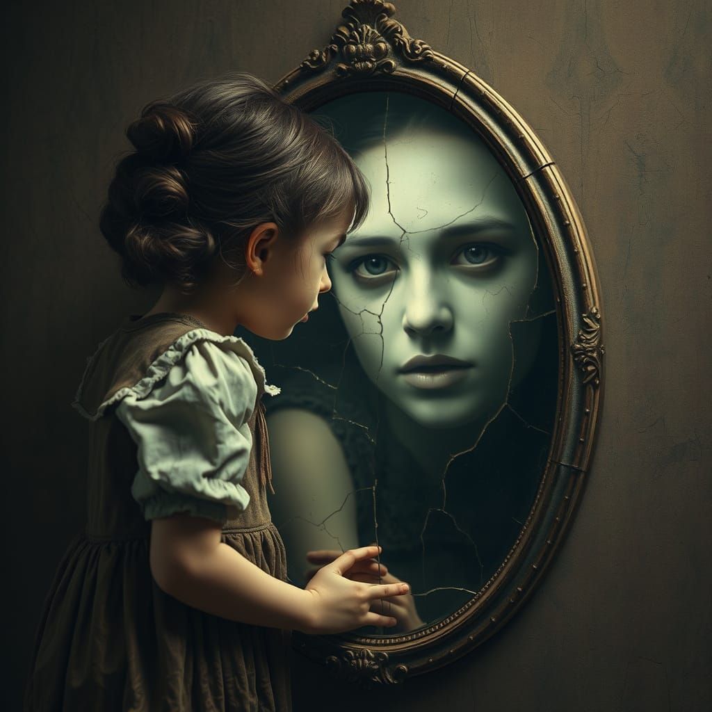 Girl and Cracked Mirror Reflecting Alternate Face