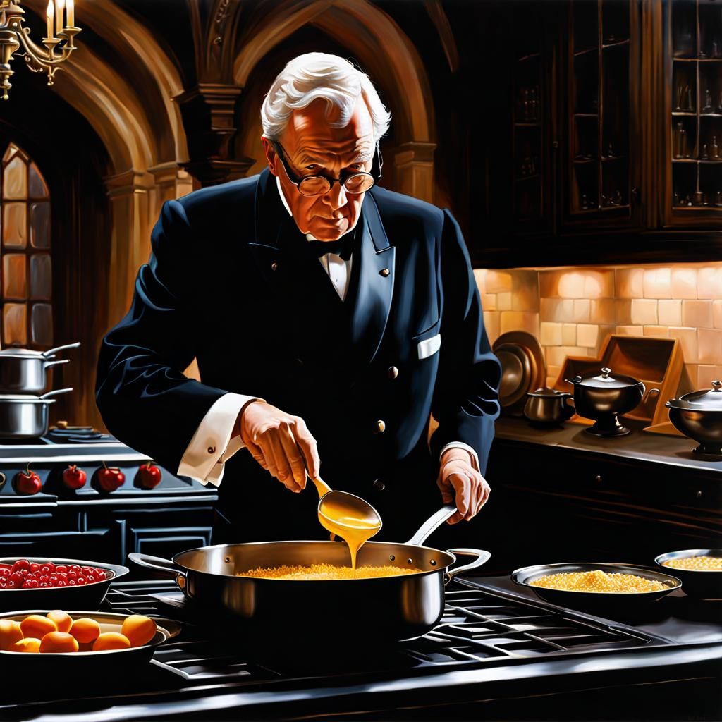 Alfred Cooking in Gothic Manor, Hyperrealistic Oil Painting