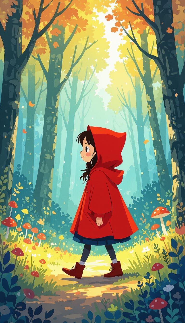 Red Hooded Girl in Whimsical Forest, Ghibli Style
