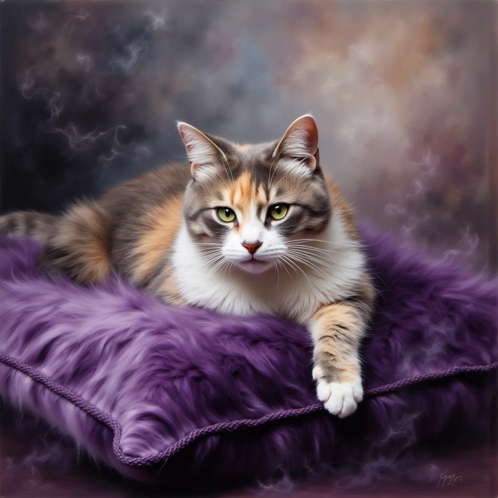 Smoky Polydactyl Cat on Velvet Pillow