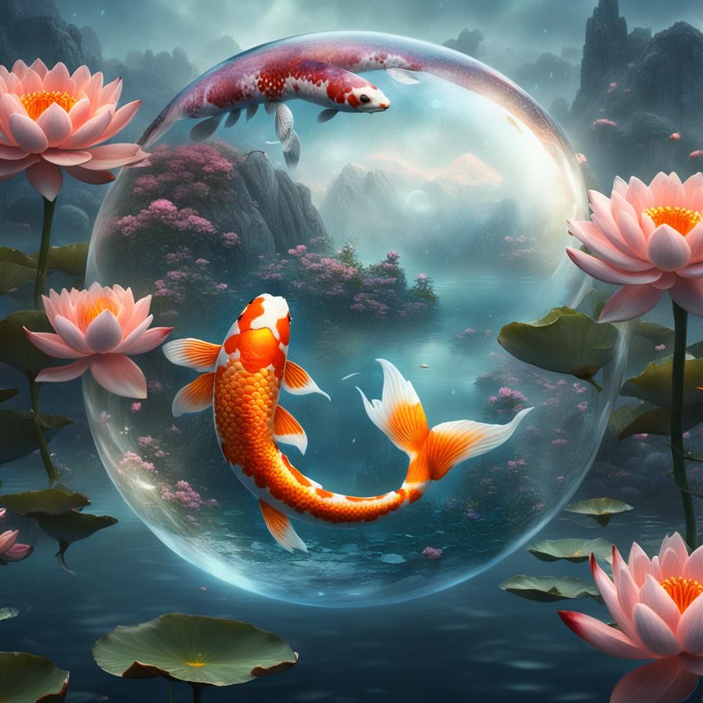 Koi swimming inside a water bubble over a misty lake surrounded by lotus flowers