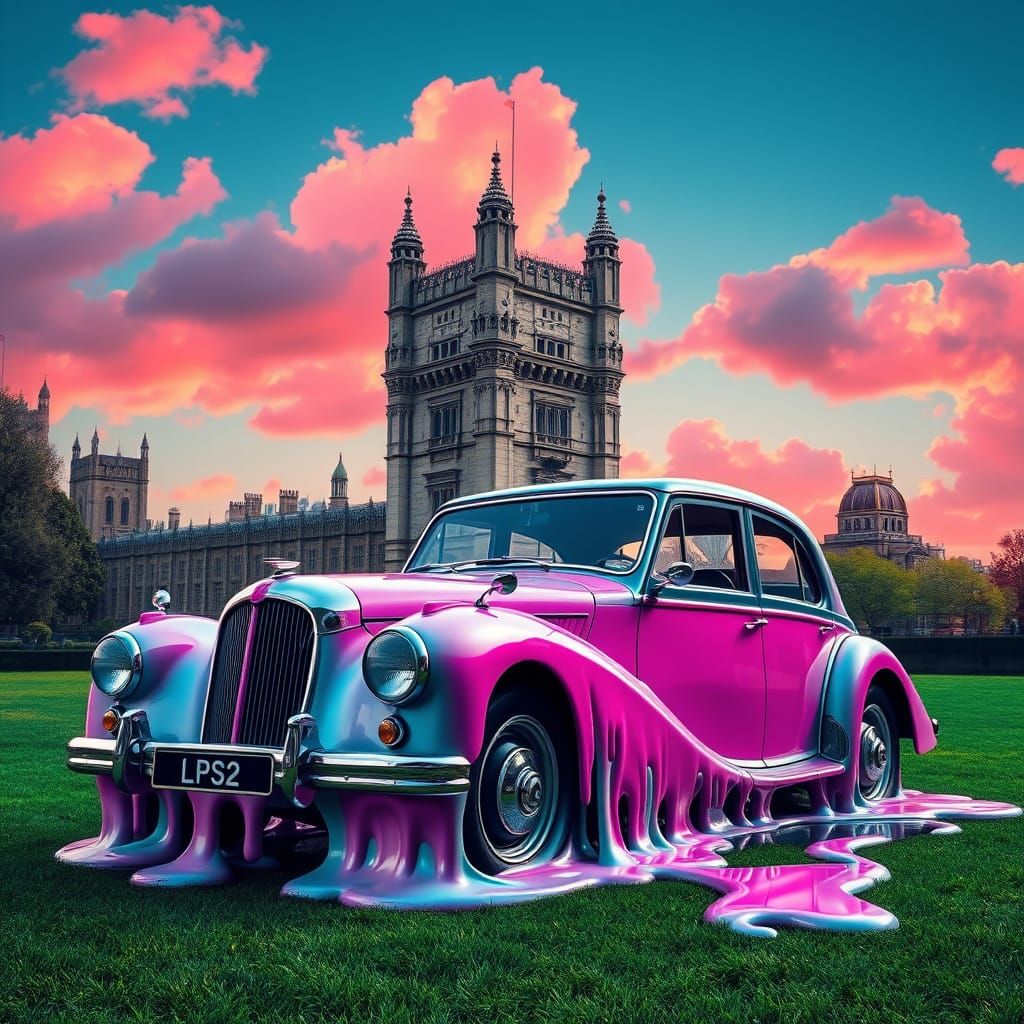 Melting Victorian Car in Vaporwave Style
