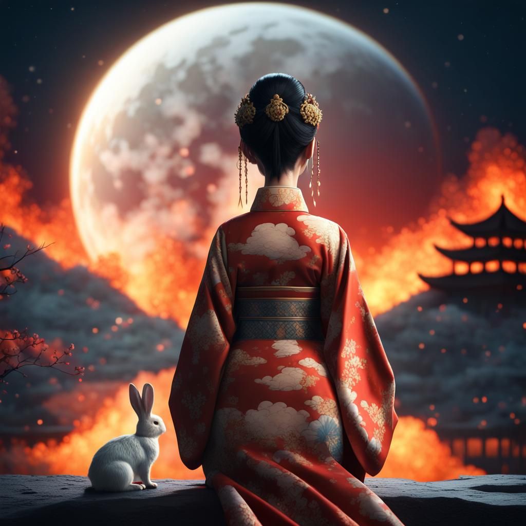 Princess on Moon Gazing at Burning Earth