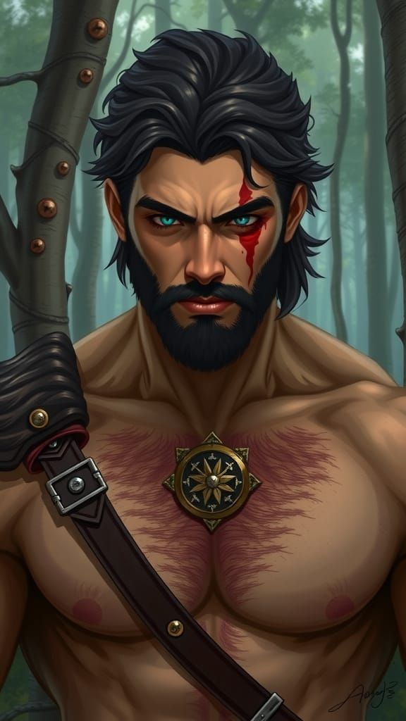 Muscular Medieval Warrior with Forest Background