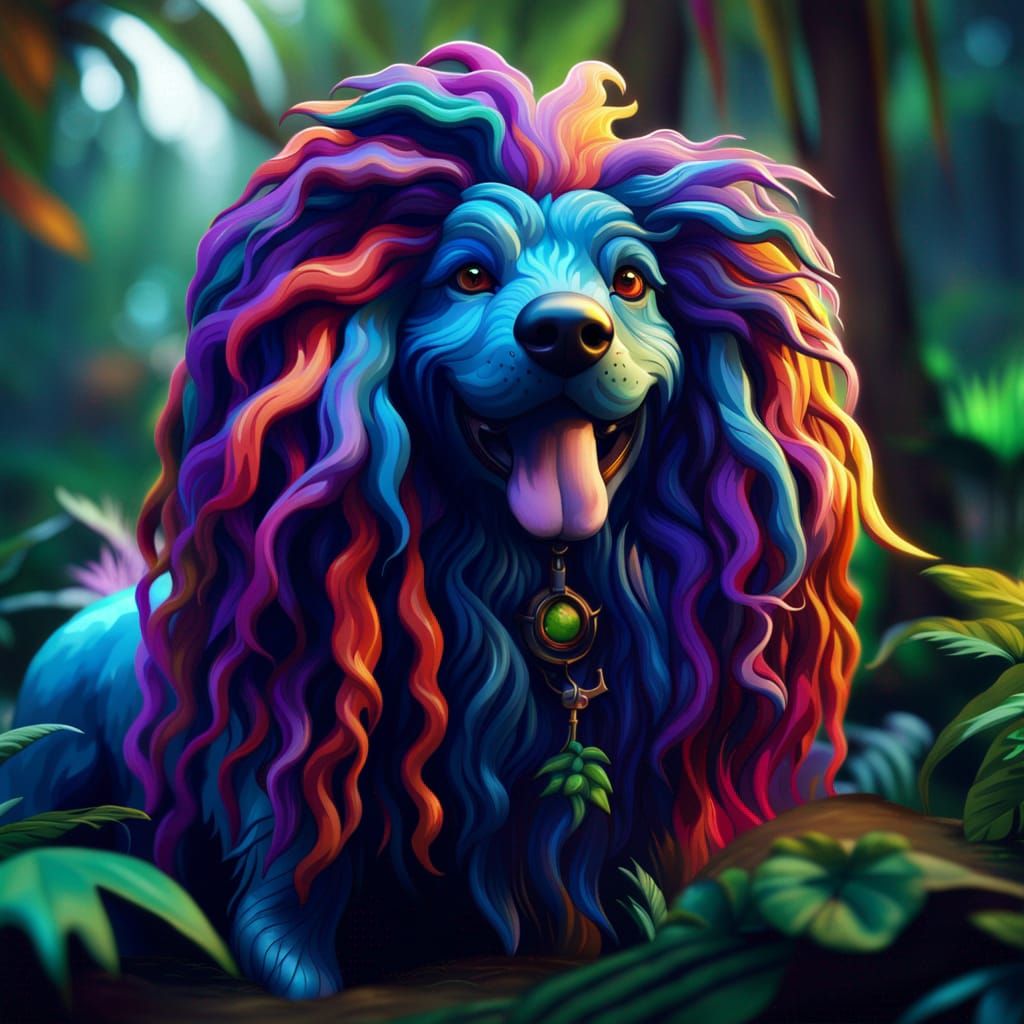Psychedelic Haired Dog in Jungle Concept Art