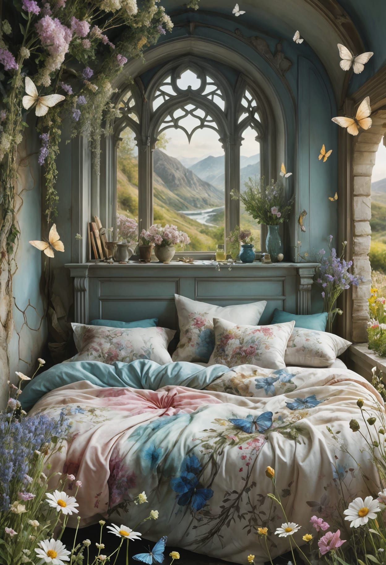 Fantasy Stone House in a Watercolor Meadow