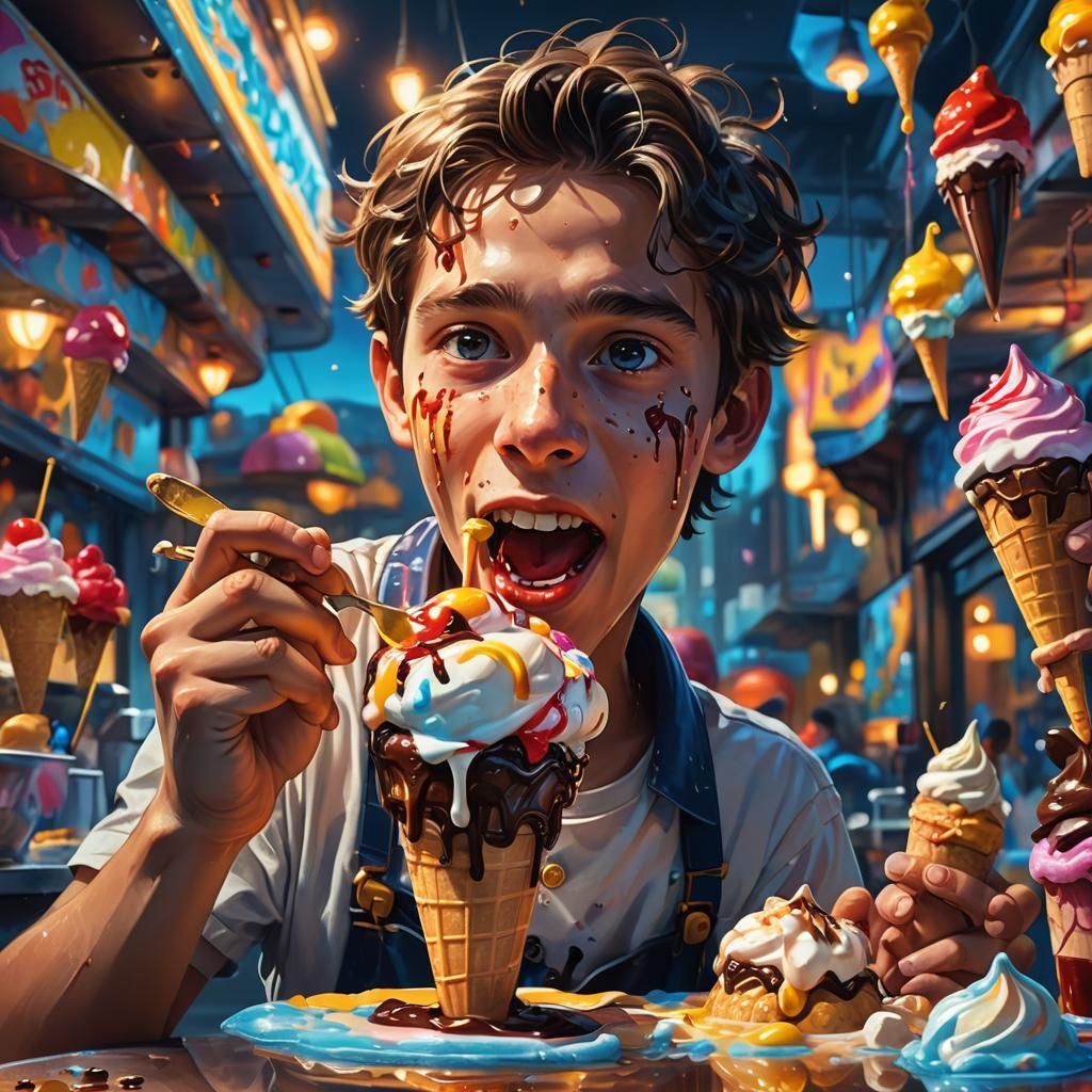 Boy Eating Banana Split in Dreamlike Ice Cream Shop