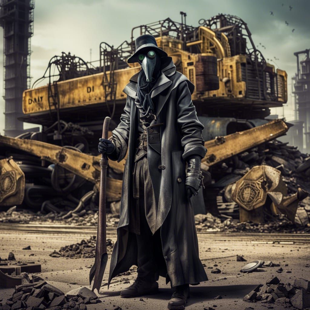 Plague Doctor in Ruined City Landscape