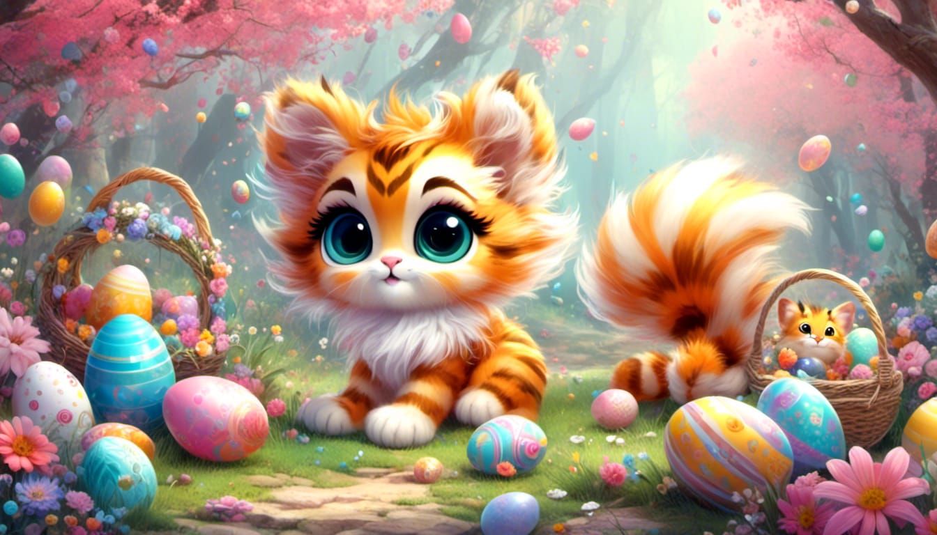 <lora:Ultra Cute:1.0> Happy chibi Crystal furry tiger kitten playing easter Scene