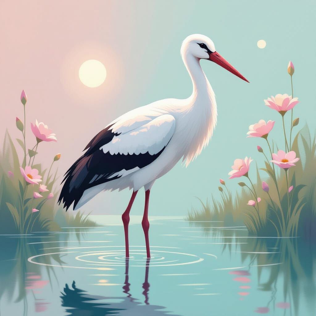 Minimalist Stork Painting with Pastel Gradients