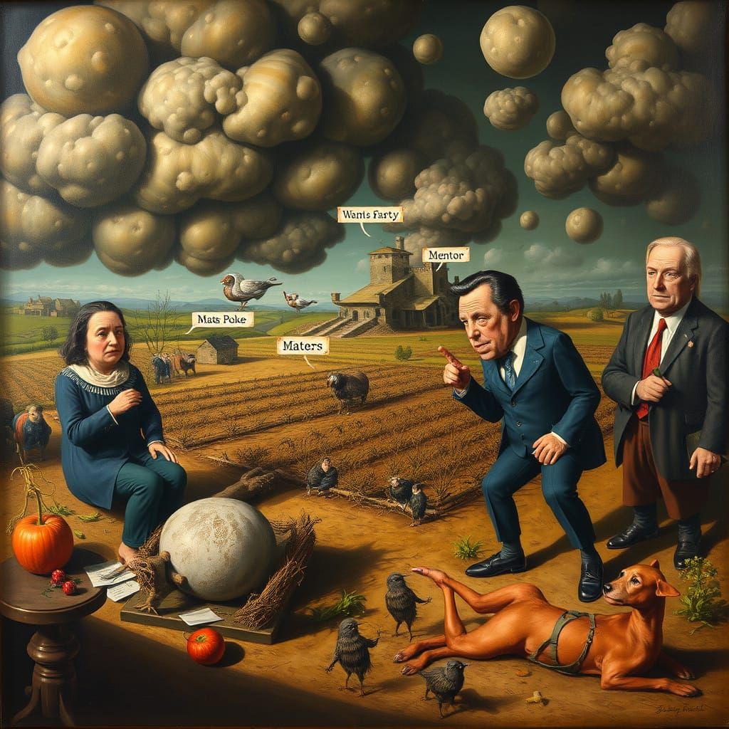 Surreal Oil Painting of Chaotic Scene in Bosch Dalí Style