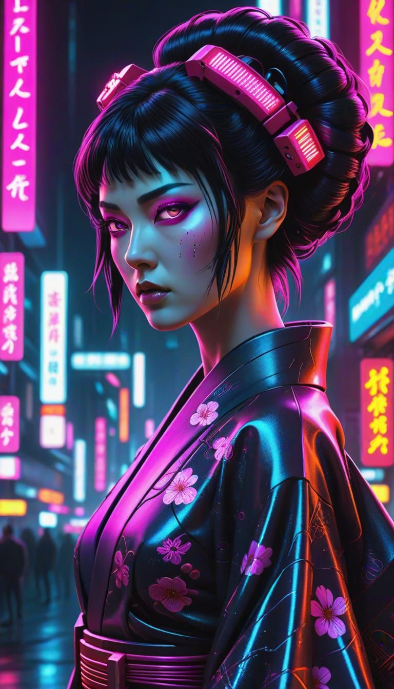 Cybernetic Geisha in Futuristic Cityscape