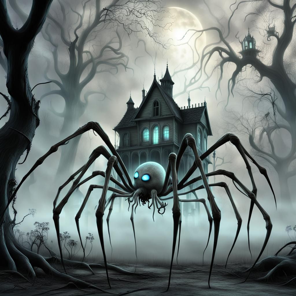 goth spider  with glowing eyes in the middle of a haunted Fo...