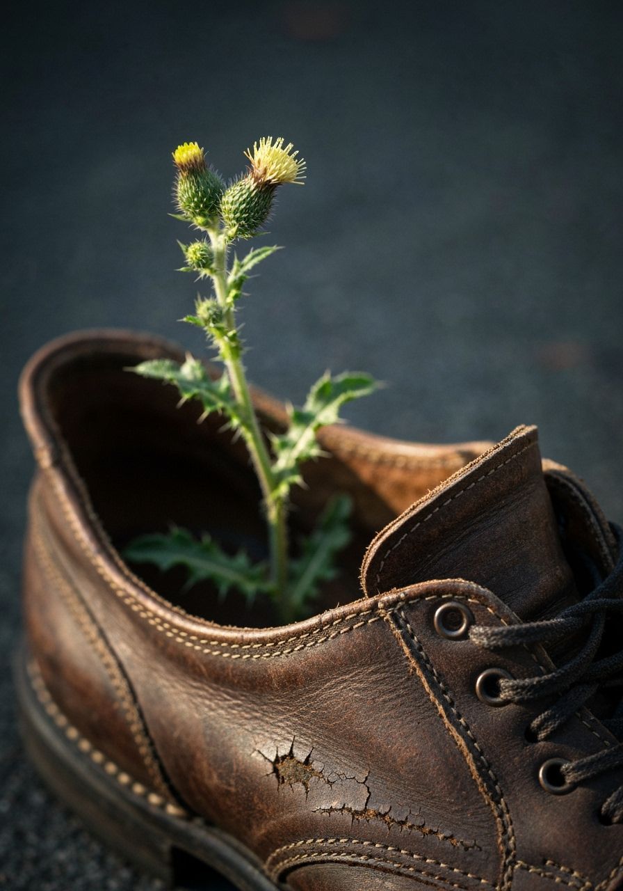 A thistle bush growing in an old worn-out shoe