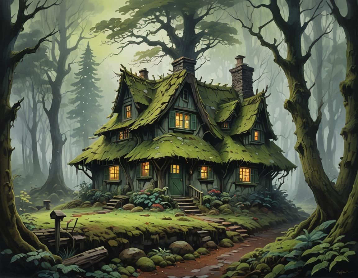 Enchanted Cottage in Misty Forest, Gouache Painting