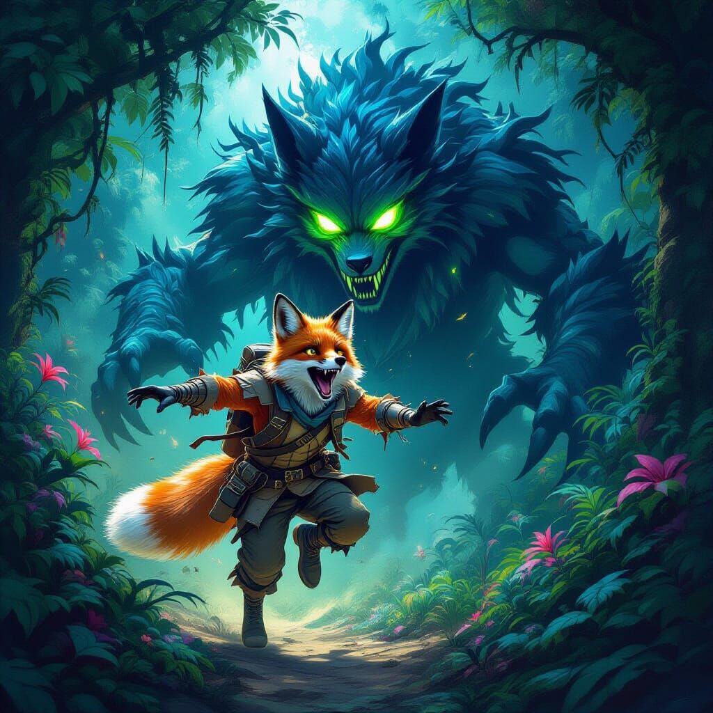 Fox Explorer Escapes Shadow Beast in Bioluminescent Jungle