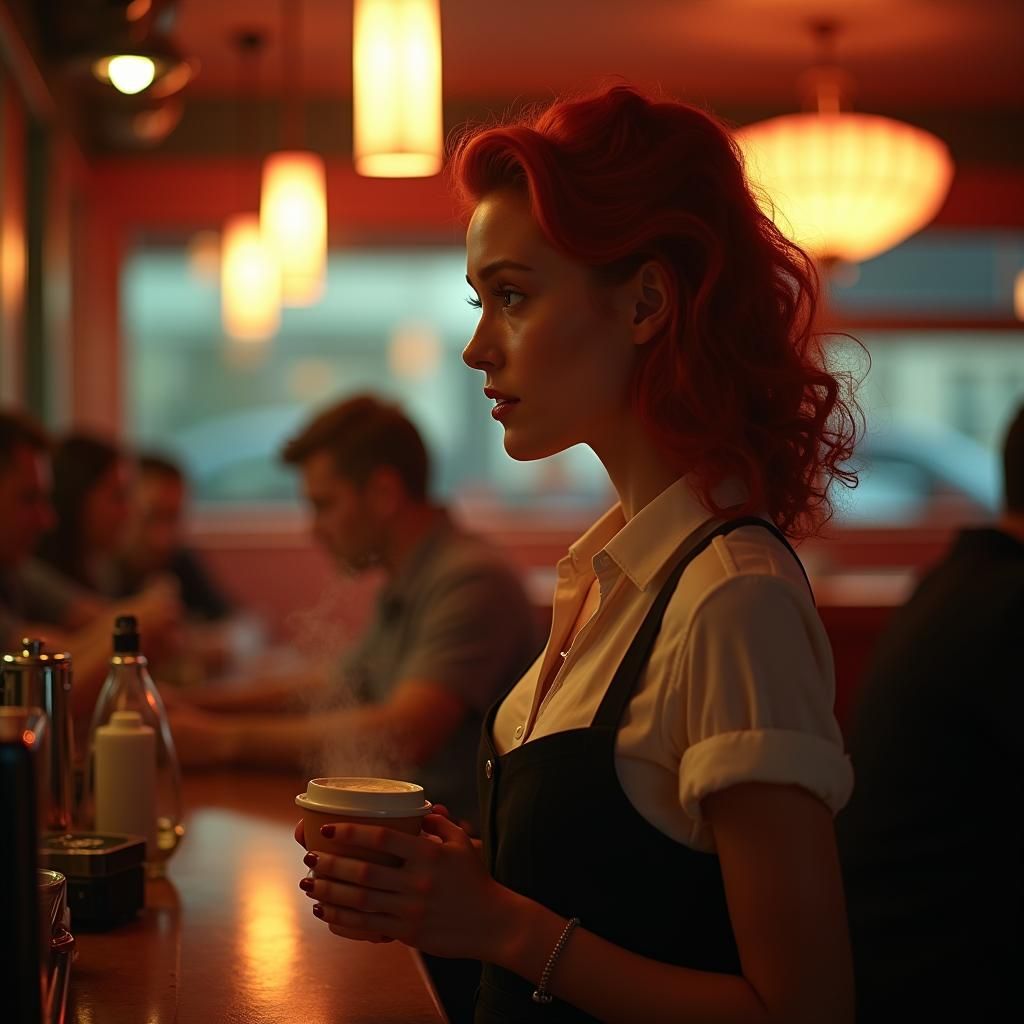 Cinematic Redhead Waitress in Retro Diner