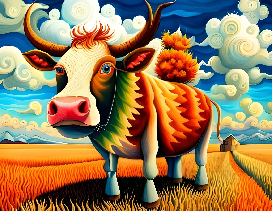 Cubist Cow of Fire in Vibrant Aquarelle Style