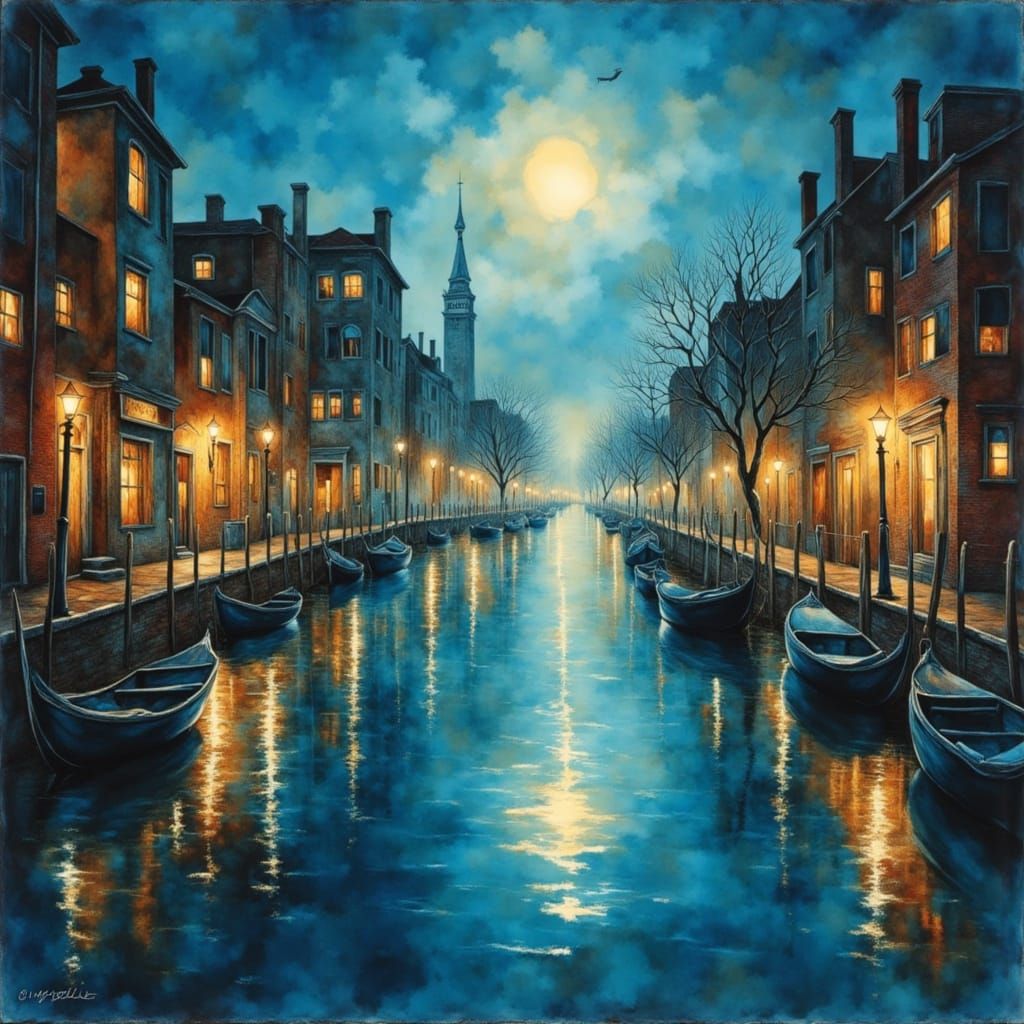 Whispers in a Muted Nocturnal Venice Cityscape