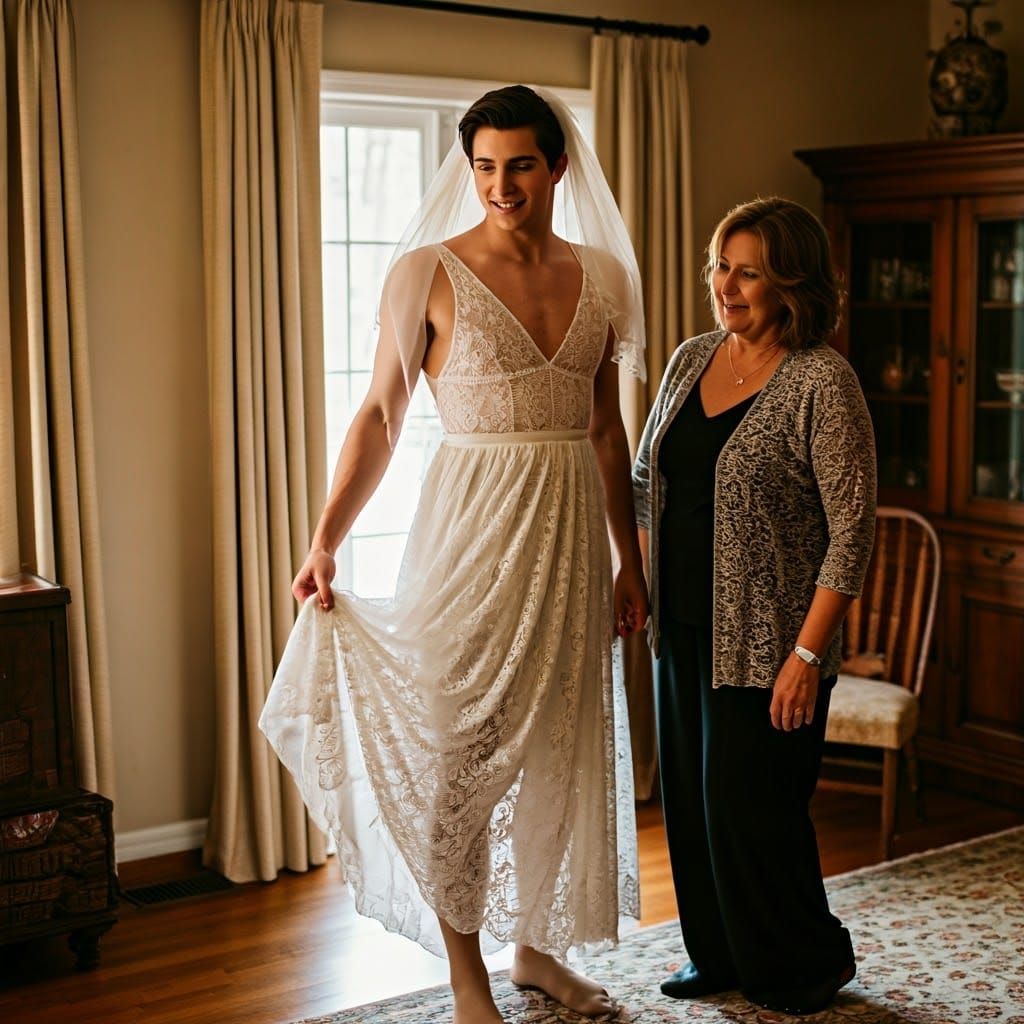 Elegantly Dressed Young Man Shares Tender Moment with Mother...