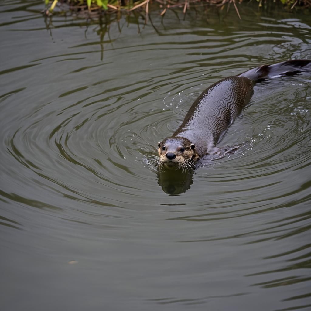 Curious River Otter Mid-Dive in Forest River